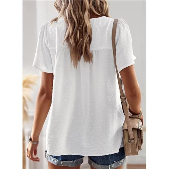 Womens Summer Tops Crewneck Short Sleeve Shirts Casual Chiffon Blouses Flowy - Picture 3 of 5